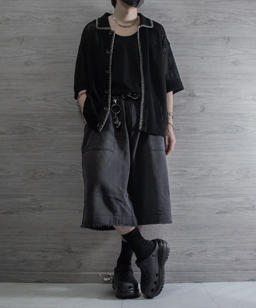 VELNUS 透かし編みルーズ半袖ステッチサマーカーディガン VELNUS】Watermark knitting loose short sleeve stitch summer