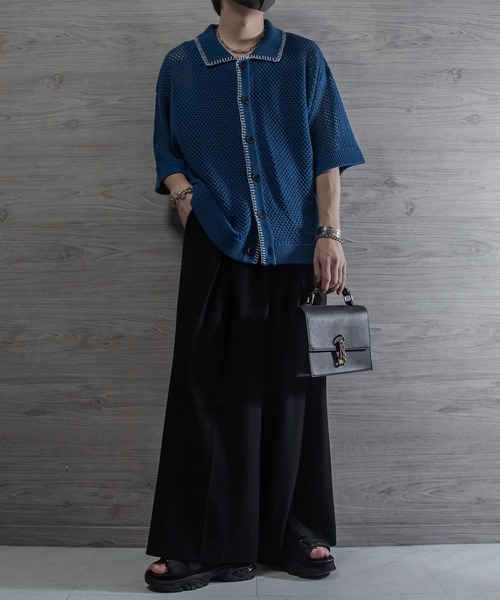 VELNUS 透かし編みルーズ半袖ステッチサマーカーディガン VELNUS】Watermark knitting loose short sleeve stitch summer