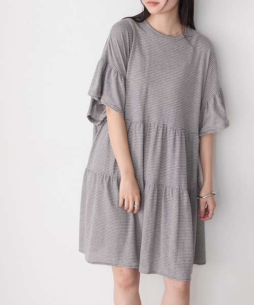 forksy.】細ピッチボーダー ティアード 半袖チュニックTシャツ forksy