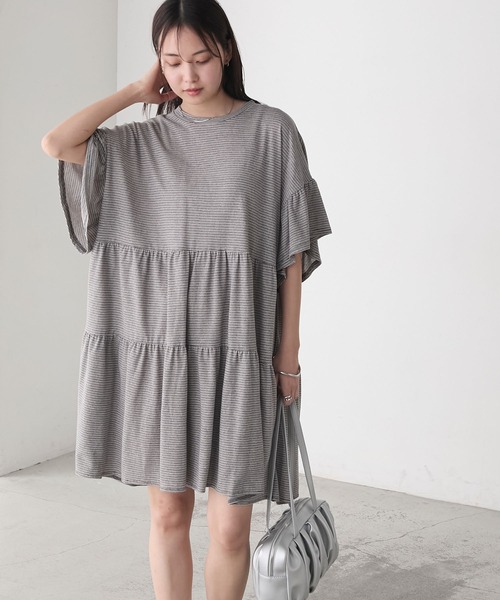 forksy.】細ピッチボーダー ティアード 半袖チュニックTシャツ forksy