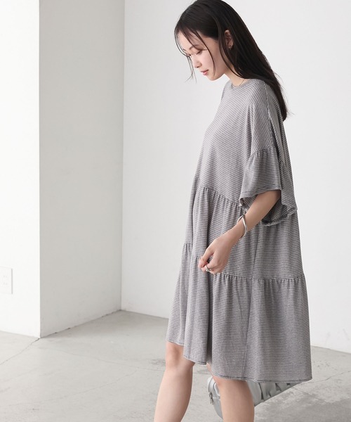 forksy.】細ピッチボーダー ティアード 半袖チュニックTシャツ forksy