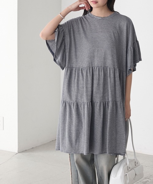 forksy.】細ピッチボーダー ティアード 半袖チュニックTシャツ forksy