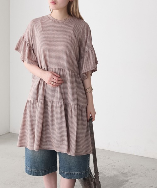 forksy.】細ピッチボーダー ティアード 半袖チュニックTシャツ forksy