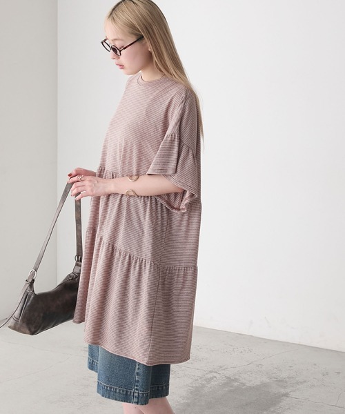 forksy.】細ピッチボーダー ティアード 半袖チュニックTシャツ forksy