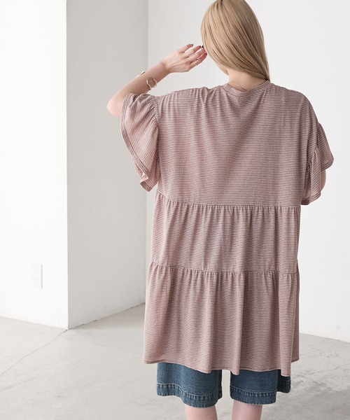 forksy.】細ピッチボーダー ティアード 半袖チュニックTシャツ forksy