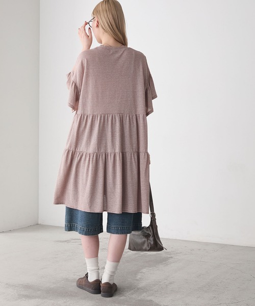 forksy.】細ピッチボーダー ティアード 半袖チュニックTシャツ forksy