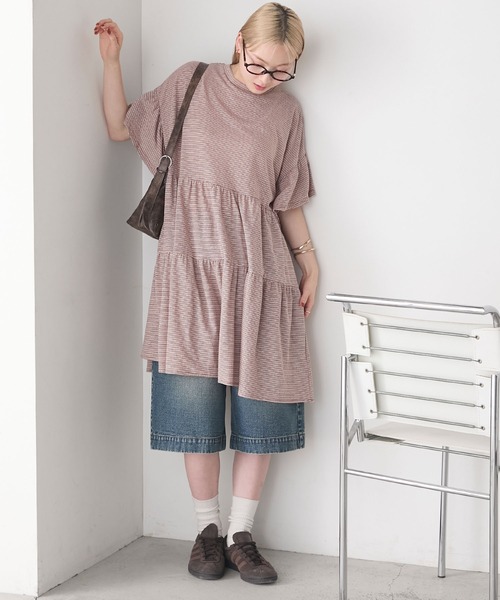 forksy.】細ピッチボーダー ティアード 半袖チュニックTシャツ forksy
