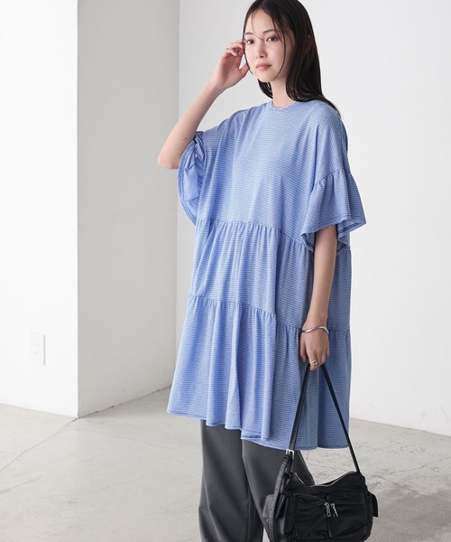 forksy.】細ピッチボーダー ティアード 半袖チュニックTシャツ