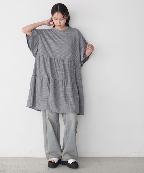 forksy.】細ピッチボーダー ティアード 半袖チュニックTシャツ forksy