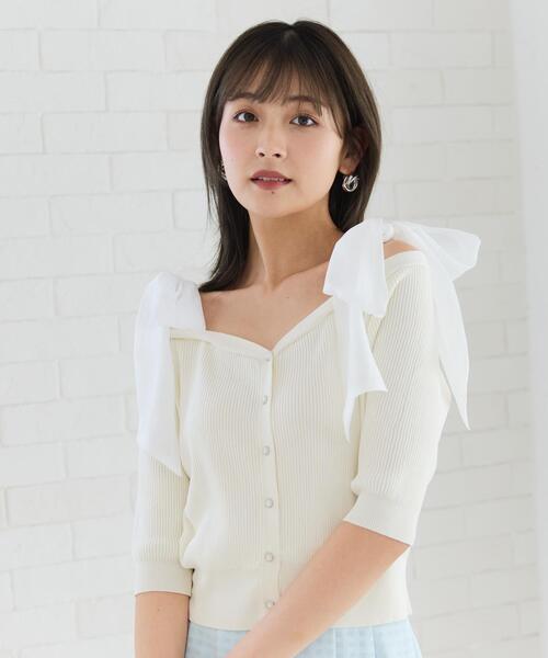 セール】ショルダーリボンオフショルニットトップス（カーディガン