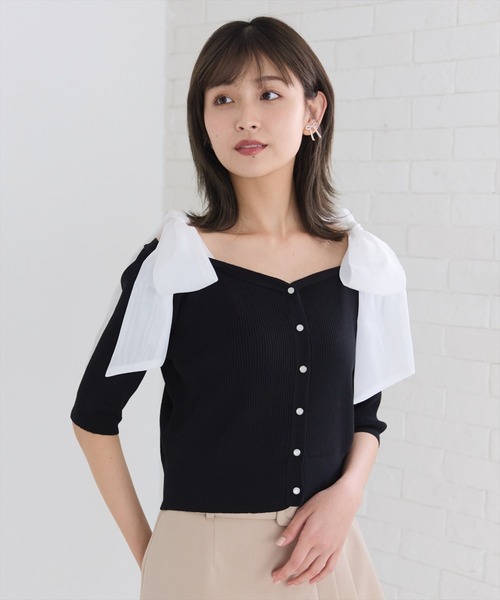 tシャツ ショルダーリボンオフショルトップス レディース me+em select tシャツ 「 2WAY 」ストラップリボンオフ
