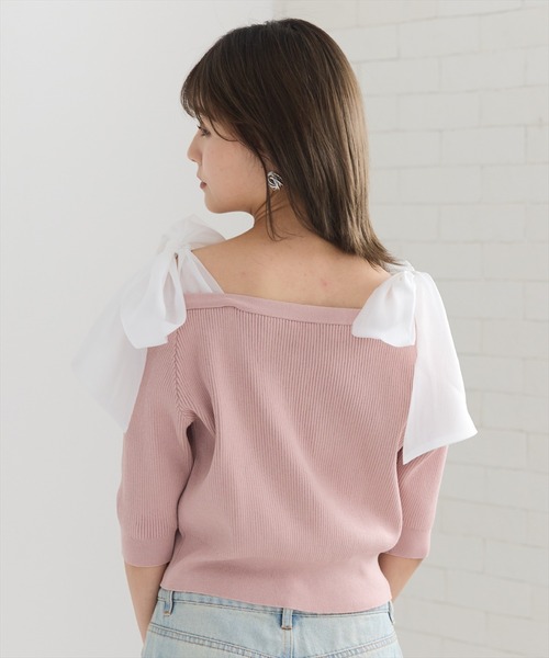 REDYAZEL（レディアゼル）の「ショルダーリボンオフショルニットトップス（カーディガン/ボレロ・レディース・ホワイト/ピンク/ブラック/グリーン・FREE）」の18枚目の写真