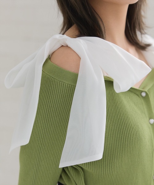 REDYAZEL（レディアゼル）の「ショルダーリボンオフショルニットトップス（カーディガン/ボレロ・レディース・ホワイト/ピンク/ブラック/グリーン・FREE）」の11枚目の写真