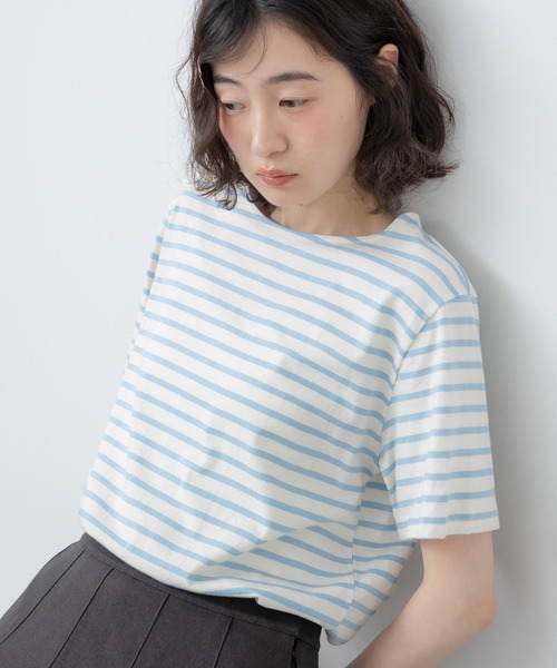 HEILIS(ヘイリス)の「半袖ボーダーTシャツ/夏服 春服 韓国 ボーダー フレンチ ガーリー トラッド カジュアル ネイビー レッド ブルー ノームコア 半袖 トップス カットソー Tシャツ レイヤード ベーシック シンプル 半袖 水色 赤(Tシャツ/カットソー・レディース・ネイビー/レッド/ライトブルー・FREE)」の2枚目の写真