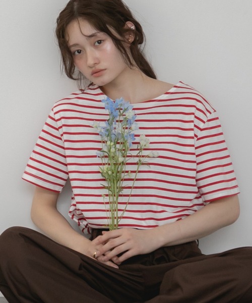 HEILIS(ヘイリス)の「半袖ボーダーTシャツ/夏服 春服 韓国 ボーダー フレンチ ガーリー トラッド カジュアル ネイビー レッド ブルー ノームコア 半袖 トップス カットソー Tシャツ レイヤード ベーシック シンプル 半袖 水色 赤(Tシャツ/カットソー・レディース・ネイビー/レッド/ライトブルー・FREE)」の4枚目の写真
