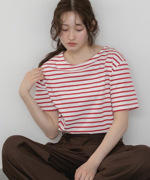 HEILIS(ヘイリス)の「半袖ボーダーTシャツ/夏服 春服 韓国 ボーダー フレンチ ガーリー トラッド カジュアル ネイビー レッド ブルー ノームコア 半袖 トップス カットソー Tシャツ レイヤード ベーシック シンプル 半袖 水色 赤(Tシャツ/カットソー・レディース・ネイビー/レッド/ライトブルー・FREE)」の5枚目の写真