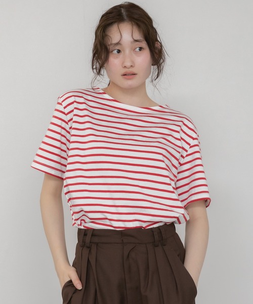 HEILIS(ヘイリス)の「半袖ボーダーTシャツ/夏服 春服 韓国 ボーダー フレンチ ガーリー トラッド カジュアル ネイビー レッド ブルー ノームコア 半袖 トップス カットソー Tシャツ レイヤード ベーシック シンプル 半袖 水色 赤(Tシャツ/カットソー・レディース・ネイビー/レッド/ライトブルー・FREE)」の6枚目の写真