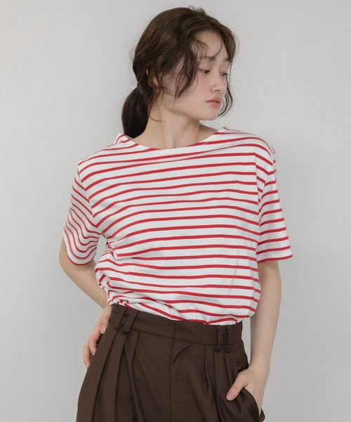 HEILIS(ヘイリス)の「半袖ボーダーTシャツ/夏服 春服 韓国 ボーダー フレンチ ガーリー トラッド カジュアル ネイビー レッド ブルー ノームコア 半袖 トップス カットソー Tシャツ レイヤード ベーシック シンプル 半袖 水色 赤(Tシャツ/カットソー・レディース・ネイビー/レッド/ライトブルー・FREE)」の7枚目の写真