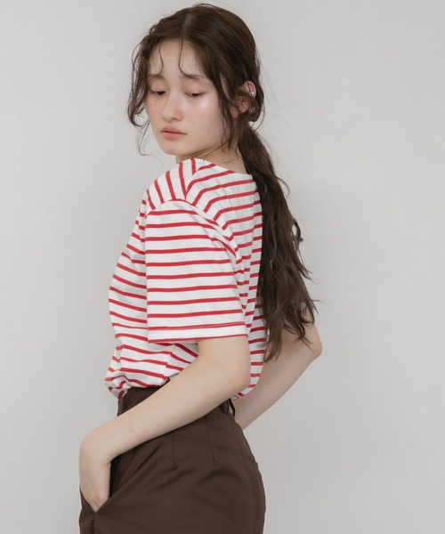 HEILIS(ヘイリス)の「半袖ボーダーTシャツ/夏服 春服 韓国 ボーダー フレンチ ガーリー トラッド カジュアル ネイビー レッド ブルー ノームコア 半袖 トップス カットソー Tシャツ レイヤード ベーシック シンプル 半袖 水色 赤(Tシャツ/カットソー・レディース・ネイビー/レッド/ライトブルー・FREE)」の8枚目の写真