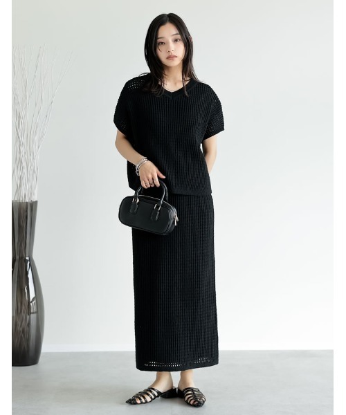 Re:EDIT（リエディ）の「[2025 SUMMER COLLECTION][低身長サイズ有][セットアップ対応]メッシュニットナロースカート（スカート・レディース・ブラック/アイボリー/ブルー・SHORT/MEDIUM/LARGE）」の4枚目の写真