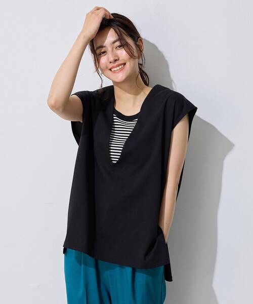ANY(エニィ)の「Vネックチュニック(Tシャツ/カットソー・レディース・黄土色系/ブラック系・F)」の1枚目の写真