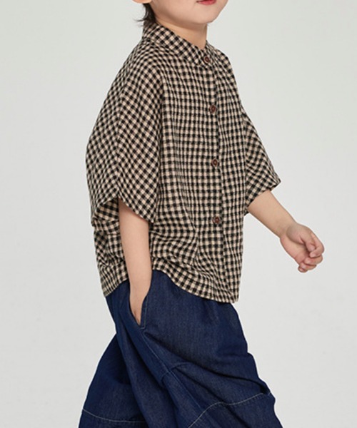 VIBGYOR(ヴィブジョー)の「FReePLACe/キッズ 5部袖チェックシャツ X12539(シャツ/ブラウス・キッズ・ブラック・120cm/130cm/140cm)」の1枚目の写真