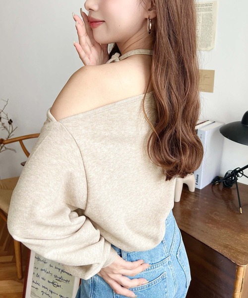 moment+(モーメントプラス)の「ストラップチョーカーネックリボンアシメワンショルダーニットソープルオーバー(Tシャツ/カットソー・レディース・ベージュ/ピンク/ブラック/グレー・M)」の13枚目の写真
