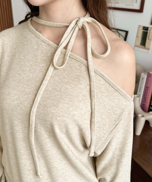 moment+(モーメントプラス)の「ストラップチョーカーネックリボンアシメワンショルダーニットソープルオーバー(Tシャツ/カットソー・レディース・ベージュ/ピンク/ブラック/グレー・M)」の12枚目の写真