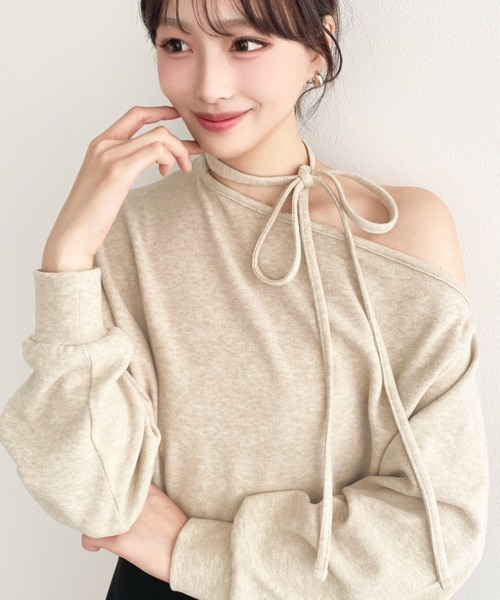 moment+(モーメントプラス)の「ストラップチョーカーネックリボンアシメワンショルダーニットソープルオーバー(Tシャツ/カットソー・レディース・ベージュ/ピンク/ブラック/グレー・M)」の17枚目の写真