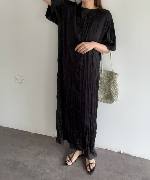 ワッシャーワンピース(aki select) / ロングワンピース 大人カジュアル シンプル レイヤード 着回し 半袖 ゆったり