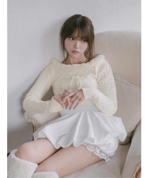 ネックファーケーブルニットトップス（ニット/セーター