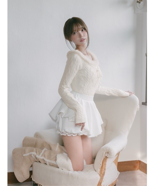 ネックファーケーブルニットトップス（ニット/セーター