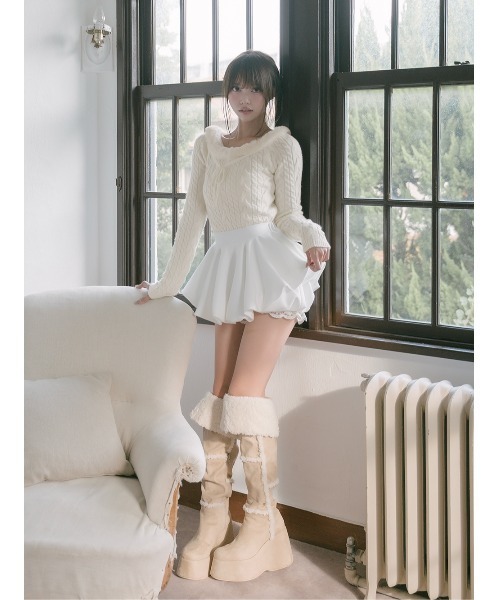 Darich ネックファーケーブルニットトップス アイボリー ダーリッチ Darich ネックファーケーブルニットトップス