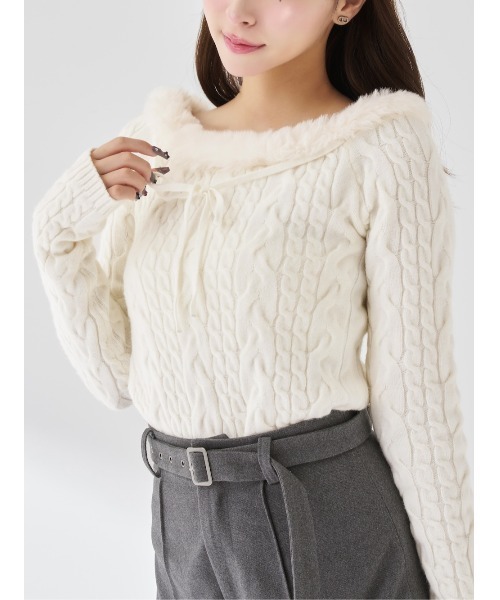 ネックファーケーブルニットトップス（ニット/セーター