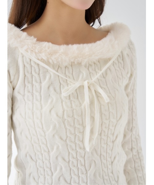 ネックファーケーブルニットトップス（ニット/セーター