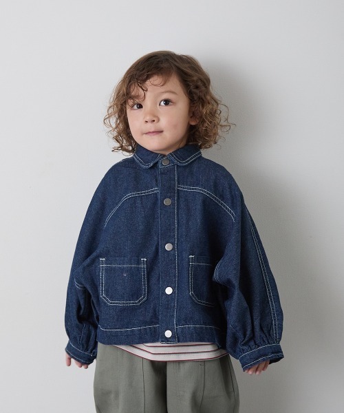 riziere(リジェール)の「配色ステッチドルマンデニムジャケット(デニムジャケット・キッズ・インディゴブルー・100/150/140/130/120/110/90)」の1枚目の写真