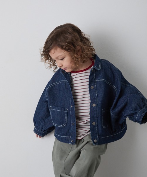 riziere(リジェール)の「配色ステッチドルマンデニムジャケット(デニムジャケット・キッズ・インディゴブルー・100/150/140/130/120/110/90)」の2枚目の写真