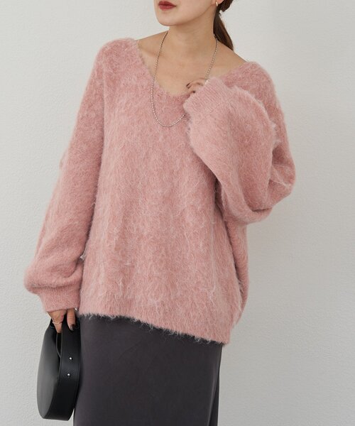 シーナリー shenery ファーカシミヤキーネックニット ライトベージュ