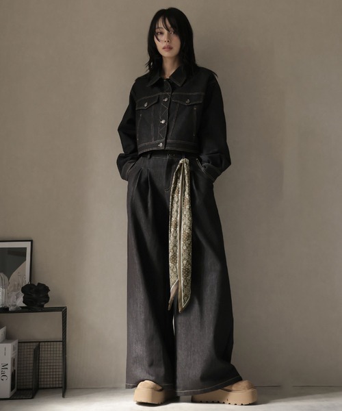 セットアップ】スカーフ付カラーデニムジャケット＆ワイドフレアパンツ