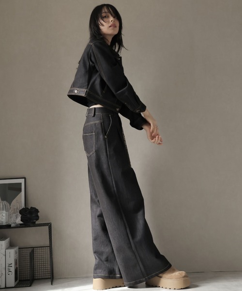 セール】【セットアップ】スカーフ付カラーデニムジャケット＆ワイド