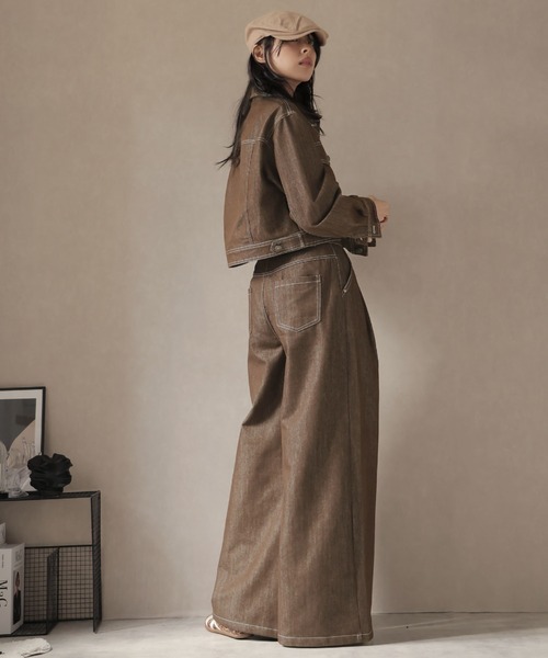 Ulysses（ユリシス）の「【セットアップ】スカーフ付カラーデニムジャケット＆ワイドフレアパンツ（セットアップ・レディース・ブラウン/ブラック・M/S）」の10枚目の写真