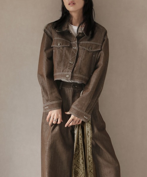 Ulysses（ユリシス）の「【セットアップ】スカーフ付カラーデニムジャケット＆ワイドフレアパンツ（セットアップ・レディース・ブラウン/ブラック・M/S）」の12枚目の写真