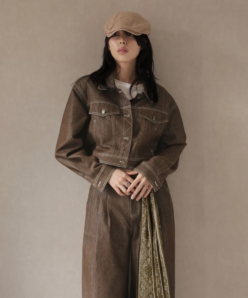 Ulysses（ユリシス）の「【セットアップ】スカーフ付カラーデニムジャケット＆ワイドフレアパンツ（セットアップ・レディース・ブラウン/ブラック・M/S）」の13枚目の写真