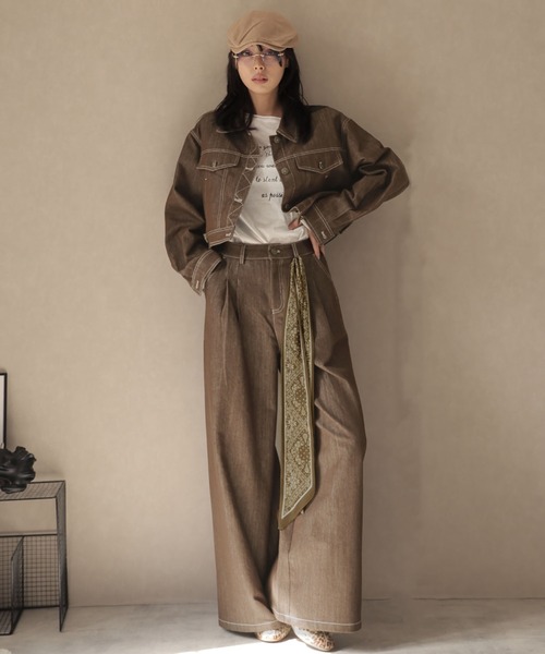 Ulysses（ユリシス）の「【セットアップ】スカーフ付カラーデニムジャケット＆ワイドフレアパンツ（セットアップ・レディース・ブラウン/ブラック・M/S）」の18枚目の写真