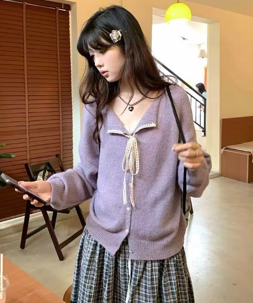 AsRiRe(アスリレイ)の「リボンタイデザインカーディガン(カーディガン/ボレロ・レディース・グレー/イエロー/パープル・M)」の5枚目の写真