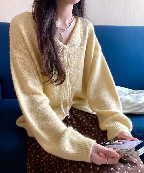 AsRiRe(アスリレイ)の「リボンタイデザインカーディガン(カーディガン/ボレロ・レディース・グレー/イエロー/パープル・M)」の10枚目の写真