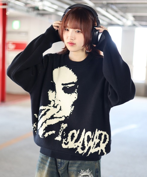 ATMARK(アットマーク)の「《2サイズ展開 / UNISEX 》ATMARKジャガードニット フェイス柄ニット クルーネックニット(ニット/セーター・レディース・ブラック/ワインレッド・M/L)」の7枚目の写真