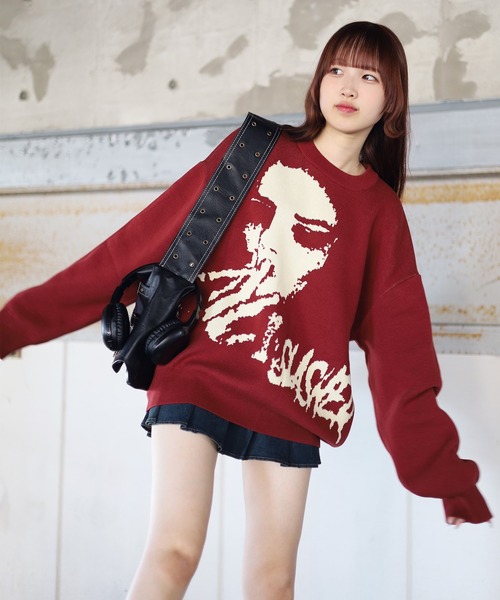 ATMARK(アットマーク)の「《2サイズ展開 / UNISEX 》ATMARKジャガードニット フェイス柄ニット クルーネックニット(ニット/セーター・レディース・ブラック/ワインレッド・M/L)」の12枚目の写真