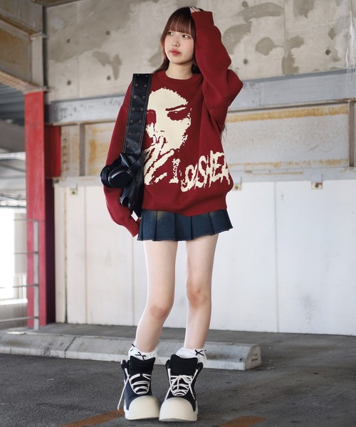 ATMARK(アットマーク)の「《2サイズ展開 / UNISEX 》ATMARKジャガードニット フェイス柄ニット クルーネックニット(ニット/セーター・レディース・ブラック/ワインレッド・M/L)」の11枚目の写真
