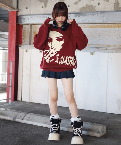 ATMARK(アットマーク)の「《2サイズ展開 / UNISEX 》ATMARKジャガードニット フェイス柄ニット クルーネックニット(ニット/セーター・レディース・ブラック/ワインレッド・M/L)」の10枚目の写真